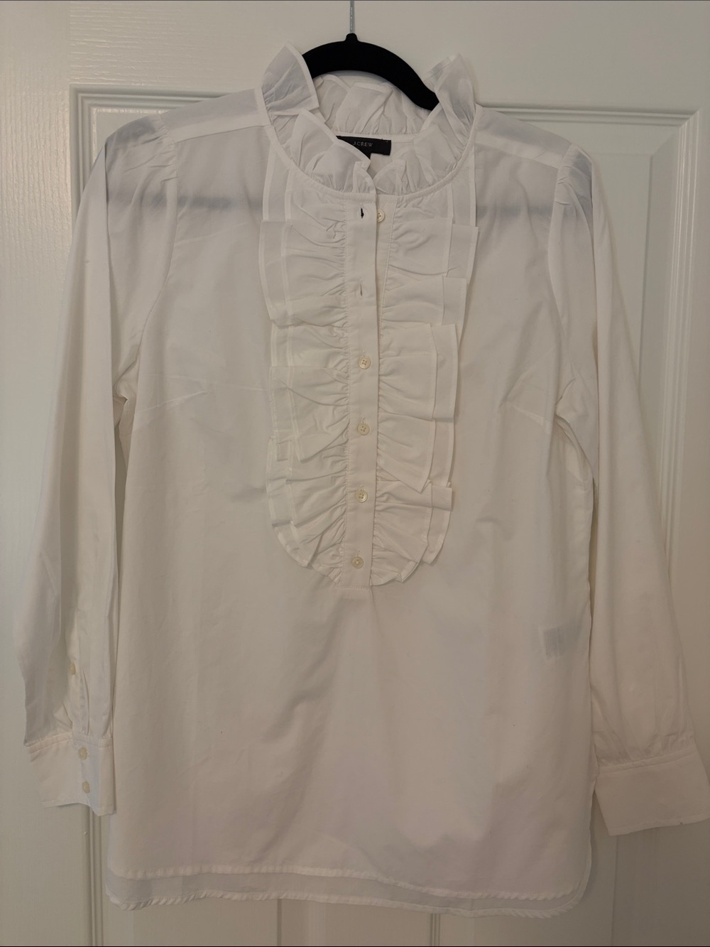 J. Crew White Ruffle-Placket Long Sleeve Blouse